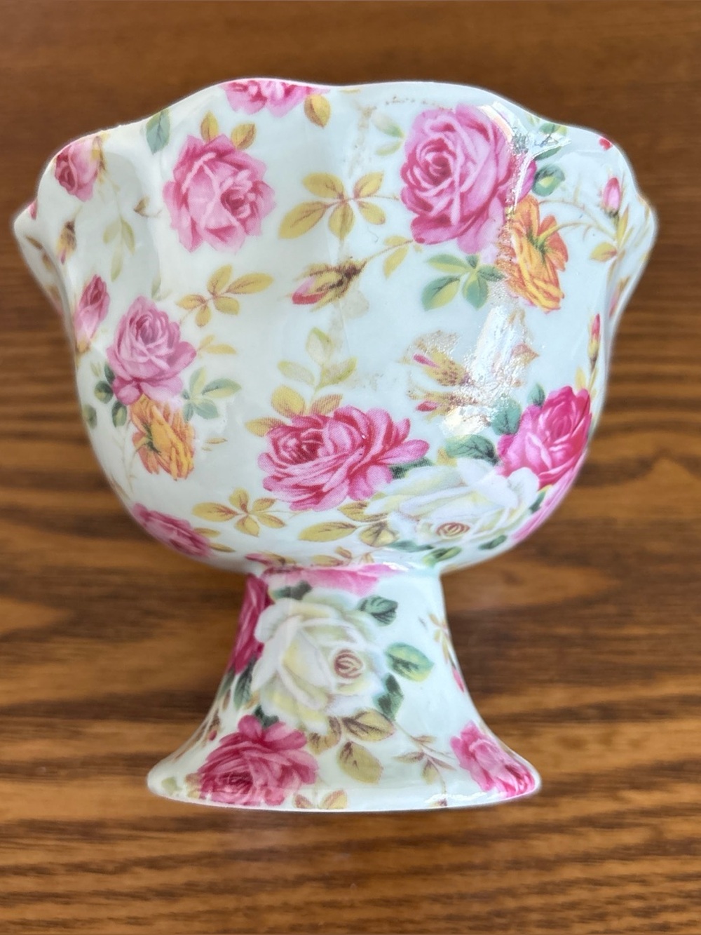 Floral Pink Rose Chintz Pedestal Dish